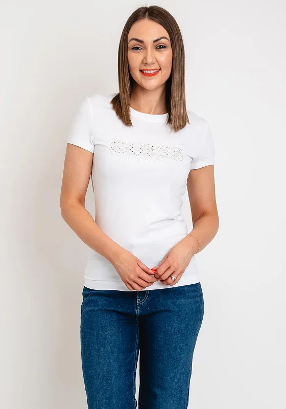Weekend Bargains to Love Guess Womens Broderie Logo T-Shirt, White
