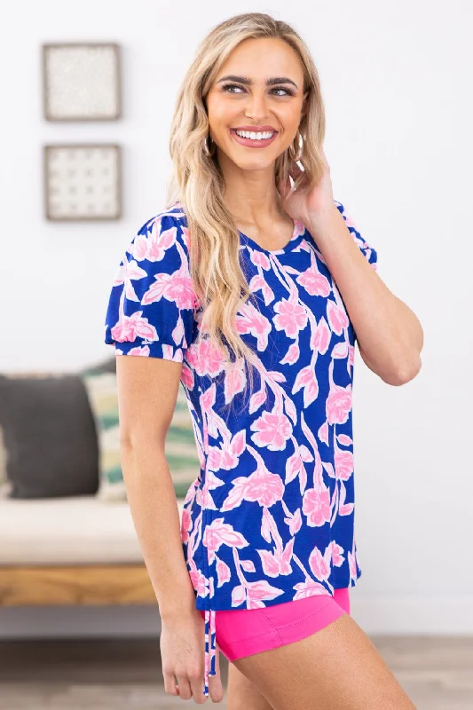 Weekend Discounts to Relish Cobalt and Neon Pink Floral Print Top