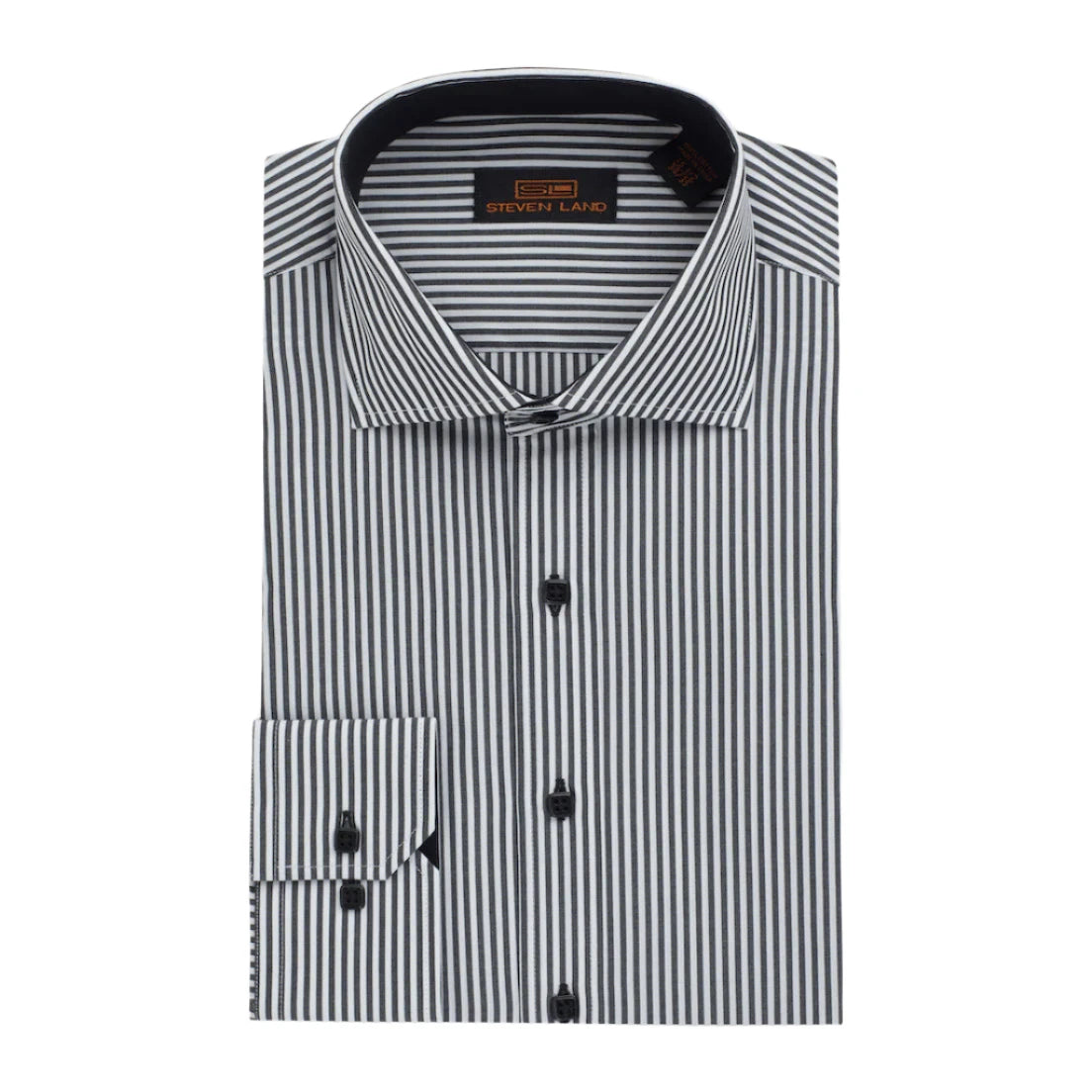 The "Earl" Striped Dress Shirt by Steven Land | Barrel Cuff & Spread Collar | Black Pinstripe