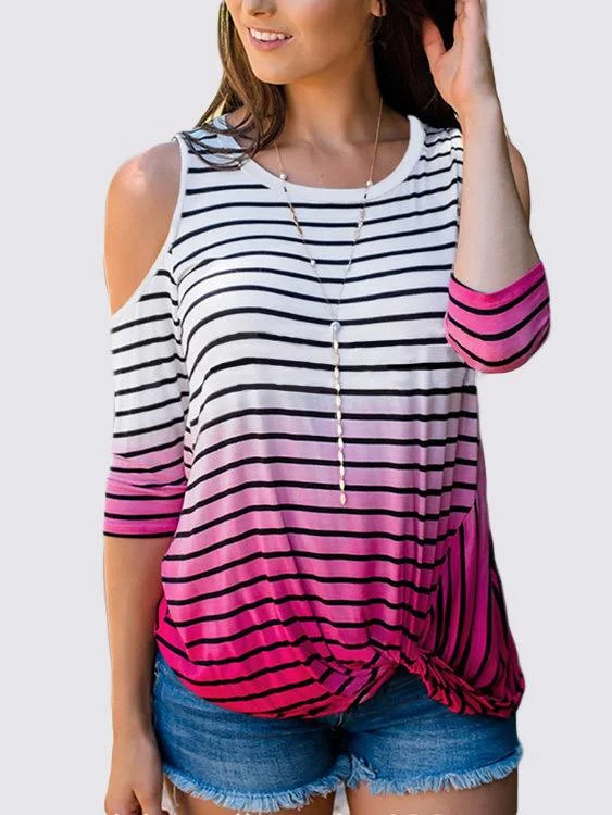 Loyalty Reward Wholesale Rose Round Neck Cold Shoulder 3/4 Sleeve Length Stripe T-Shirts