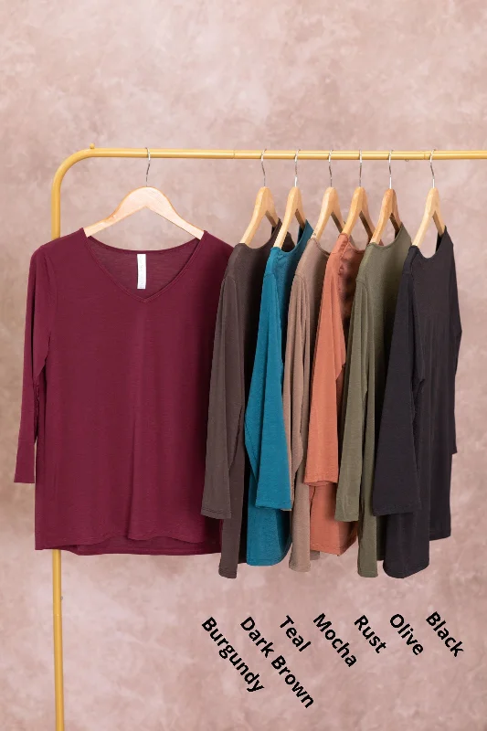 Sneak Peek Sale Solid Wrinkle Free V-Neck 3/4 Sleeve Knit Top