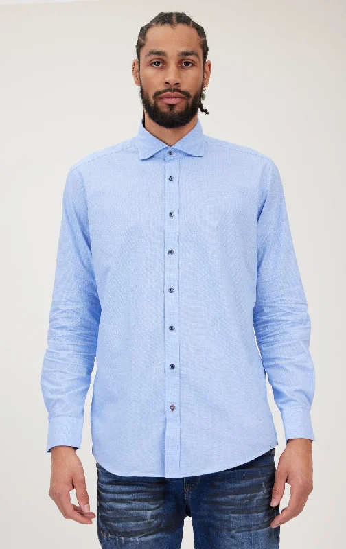 Jacquard Cotton Tonal Button Dress Shirt - Light Blue