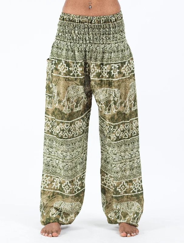Big Discounts Unisex Marble Elephants Harem Pants in Olive