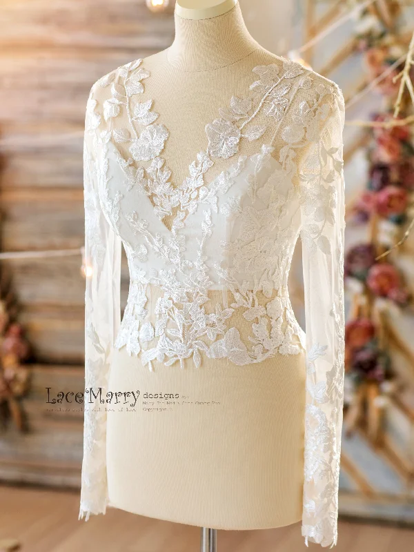 New Deals Long Sleeves Lace Top with V Neckline