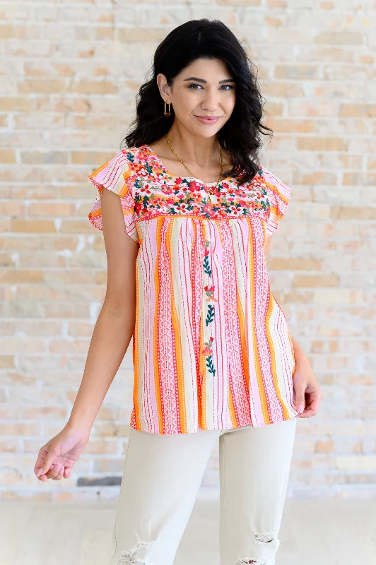 Overstock Sale Orange Blossoms Flutter Sleeve Blouse
