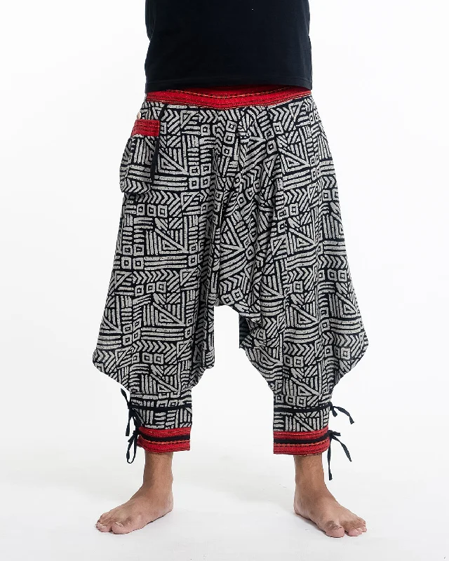 Big Discounts Woven Prints Thai Hill Tribe Fabric Drop Crotch Harem Pants with Ankle Straps in Black