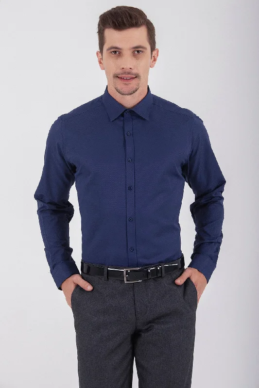 Regular Fit Long Sleeve Patterned Cotton Blend Dress Shirt, Navy D.