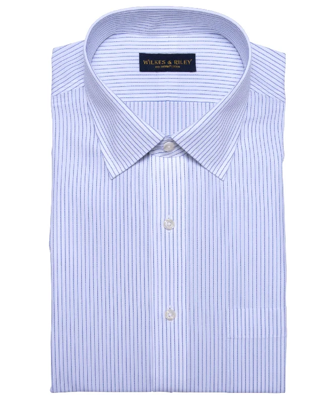 Classic Fit White Ground Blue Stripe Spread Collar Supima® Cotton Non-Iron Broadcloth