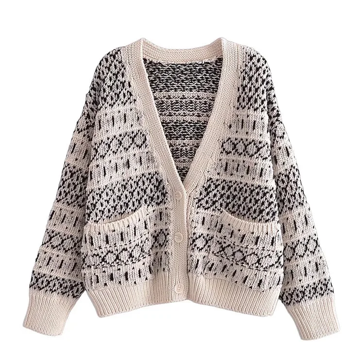 Huge Savings Retro lazy jacquard knitted cardigan coat sweater  7463