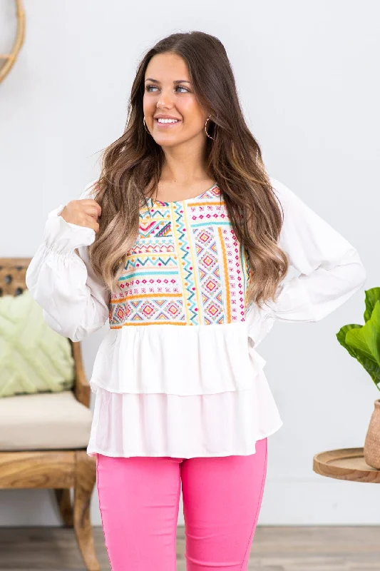 Final Offer Off White Multicolor Embroidered Babydoll Top