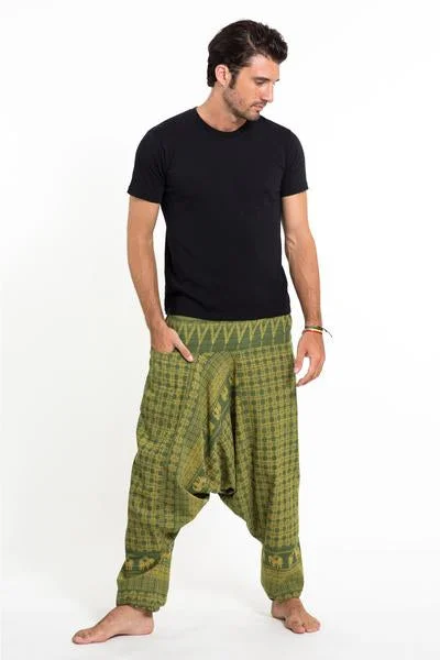 Extra Discount Unisex Hill Tribe Elephants Harem Pants in Green