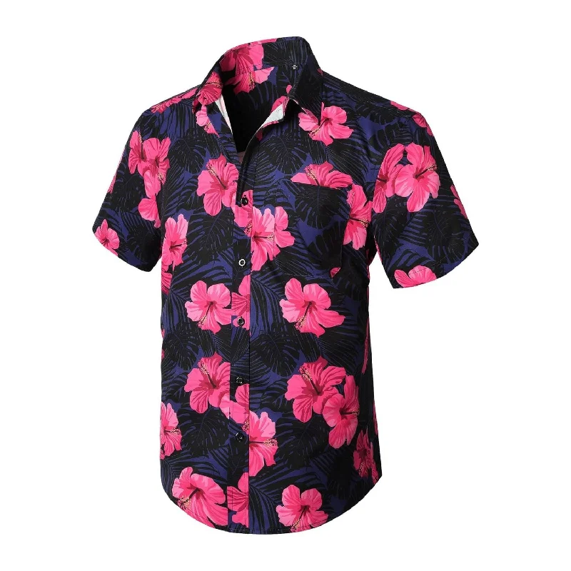 Funky Hawaiian Shirts with Pocket - A-A PINK/NAVY BLUE