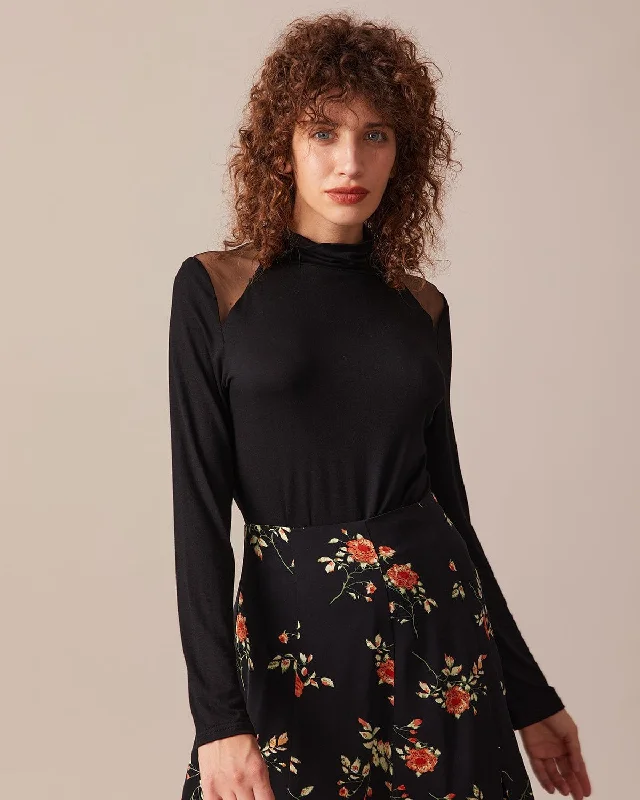 Weekend Sale: Don't Miss Out The Black Turtleneck Sheer Splicing Tee