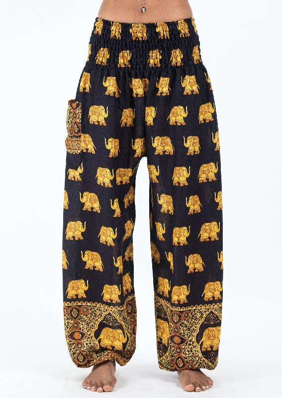 Crazy Deals Unisex Golden Elephants Harem Pants in Black
