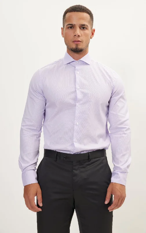 Pure Cotton French Placket Spread Collar Dress Shirt - Lilac Houndstooth