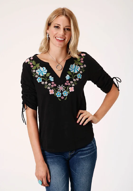 Price Break Roper Womens Black 100% Cotton Floral Crewel S/S Ties Tunic