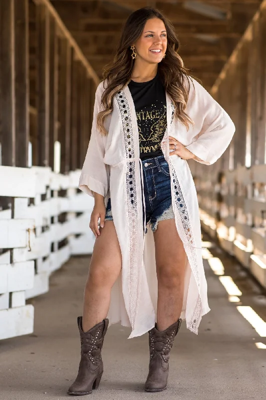 Limited Time Beige Crochet Trim Duster Length Kimono