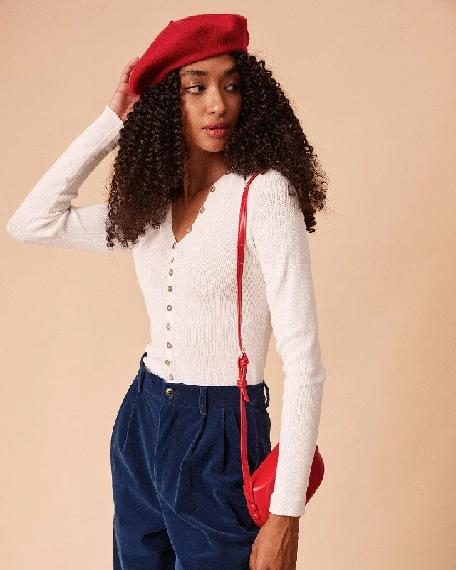 Best Bargains The White Solid V Neck Ribbed Knit Top