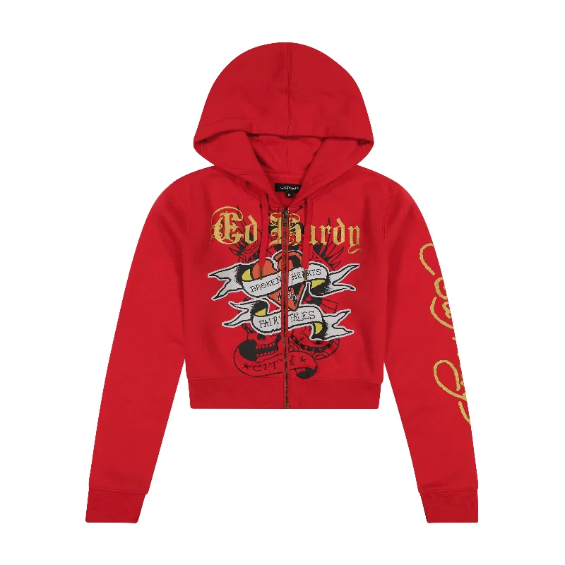Low Cost Broken Hearts Cherry Zip Front Cropped Hoodie