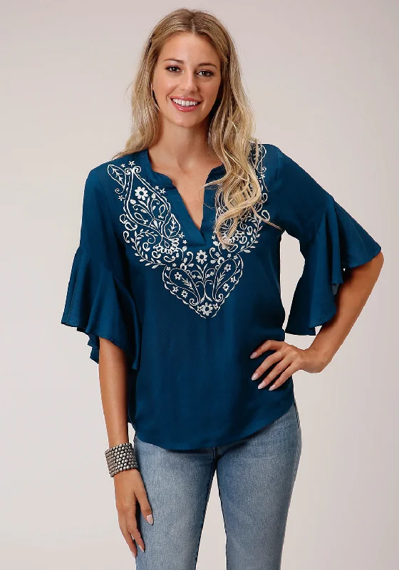 Quick Sale Roper Womens Blue Rayon/Nylon Paisley Floral S/S Blouse