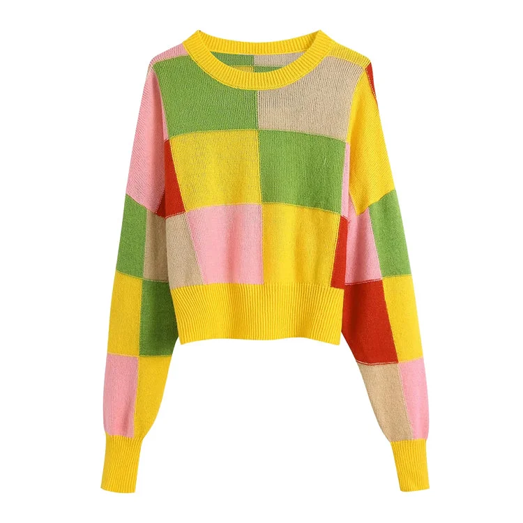 Final Sale New sweet loose jacquard Plaid color matching sweater  7468
