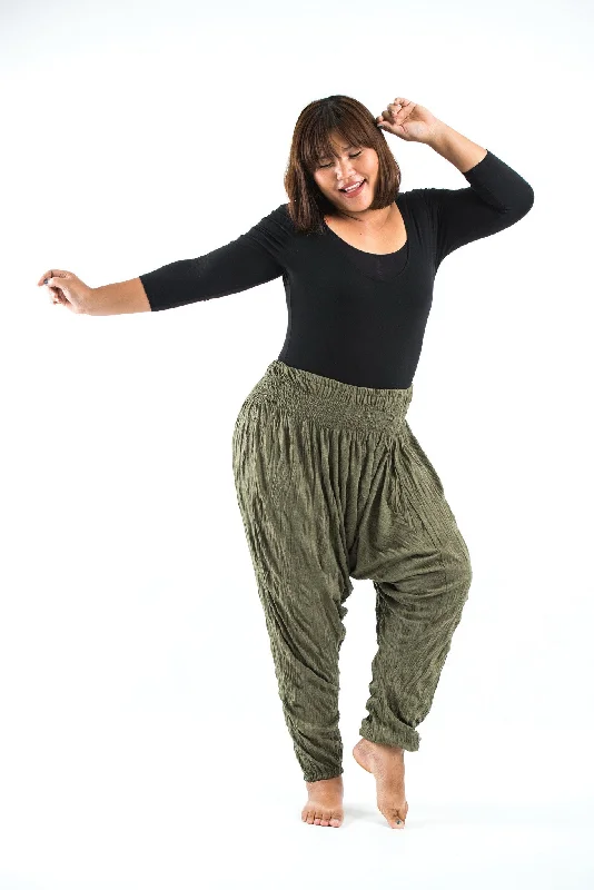 Exclusive Deal Plus Size Unisex Crinkled Cotton Harem Pants in Green