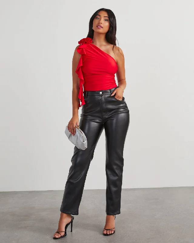 Weekend Deals to Make You Happy Amarissa One Shoulder Rosette Ruffle Bodysuit