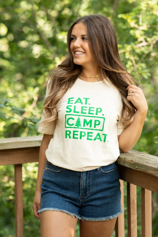 Deal Mania Cream Eat Sleep Camp Repeat Graphic Tee