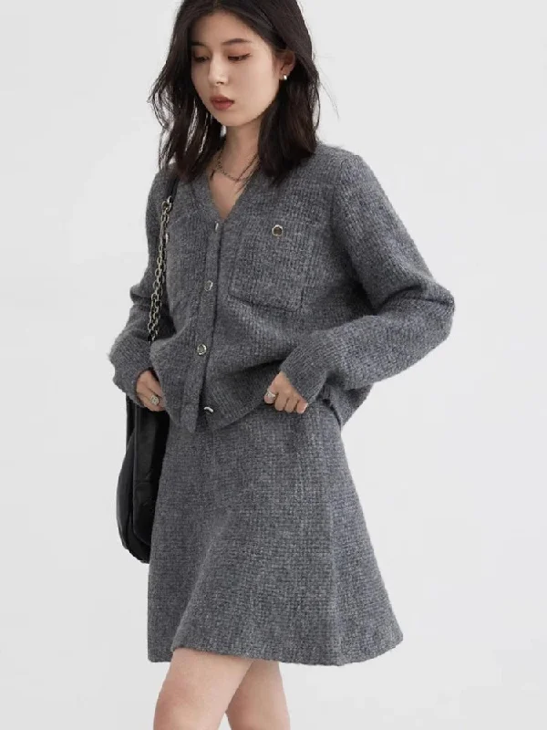 Buy Now Knitted Button-Up Cardigan & Mini Skirt Two Piece Set