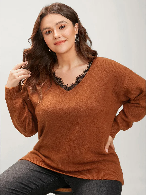 Big Deal Solid Pointelle Knit Lace Trim V Neck Knit Top