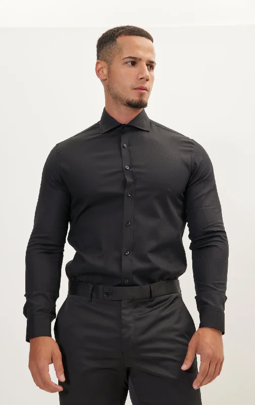 Pure Cotton Front Placket Spread Collar Dress Shirt - Black