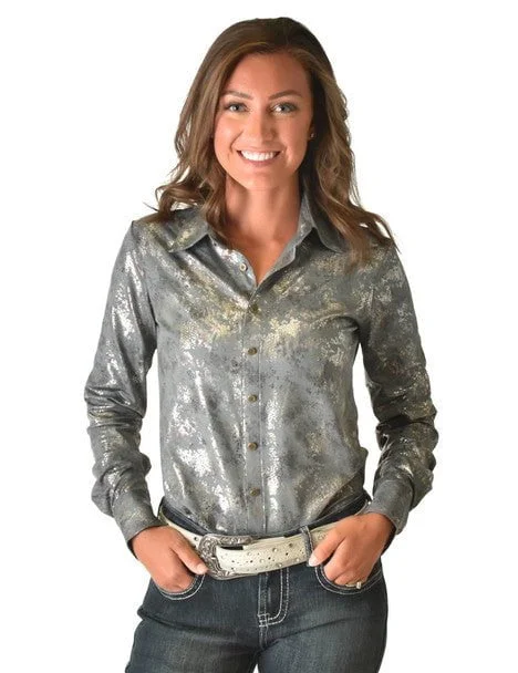 Super Sale Cowgirl Tuff Womens Metallic Snakeskin Gray Polyester L/S Shirt