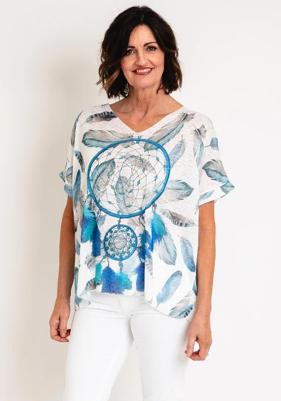 Massive Deals Serafina Collection One Size Feather Print V Neck Top, White