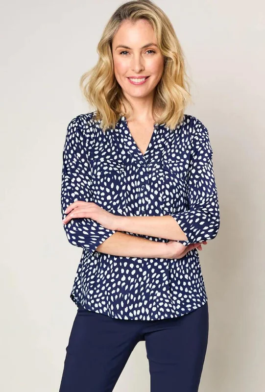 Best Seller Natalia Collection Spot Print Three Quarter Sleeve Blouse, Navy & White