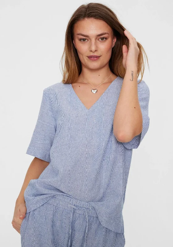 Year-End Clearance Freequent  Lava Striped V Neck Linen Top, Blue