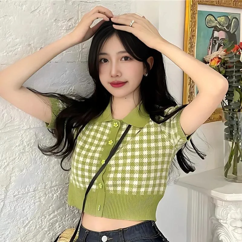 Referral Discount Soft Girl Plaid Crop Cardigan