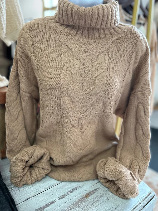 Quick Sale Lantern Sleeve High Neck Cable Knit Sweater