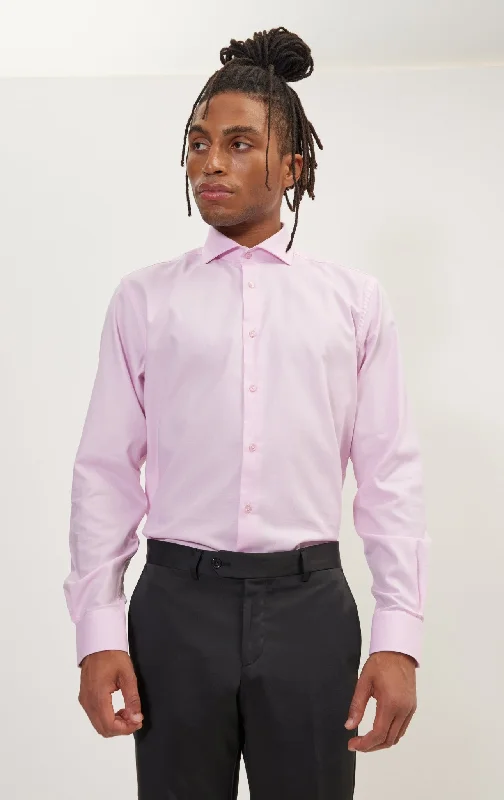 Pure Cotton French Placket Spread Collar Dress Shirt - White Pink Oxford