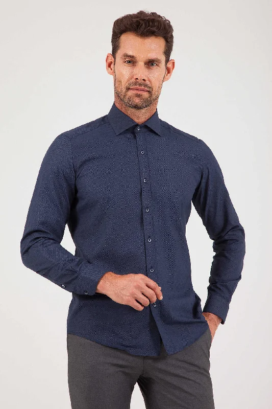 Slim Fit Long Sleeve Printed Cotton Blend Dress Shirt, Navy B2