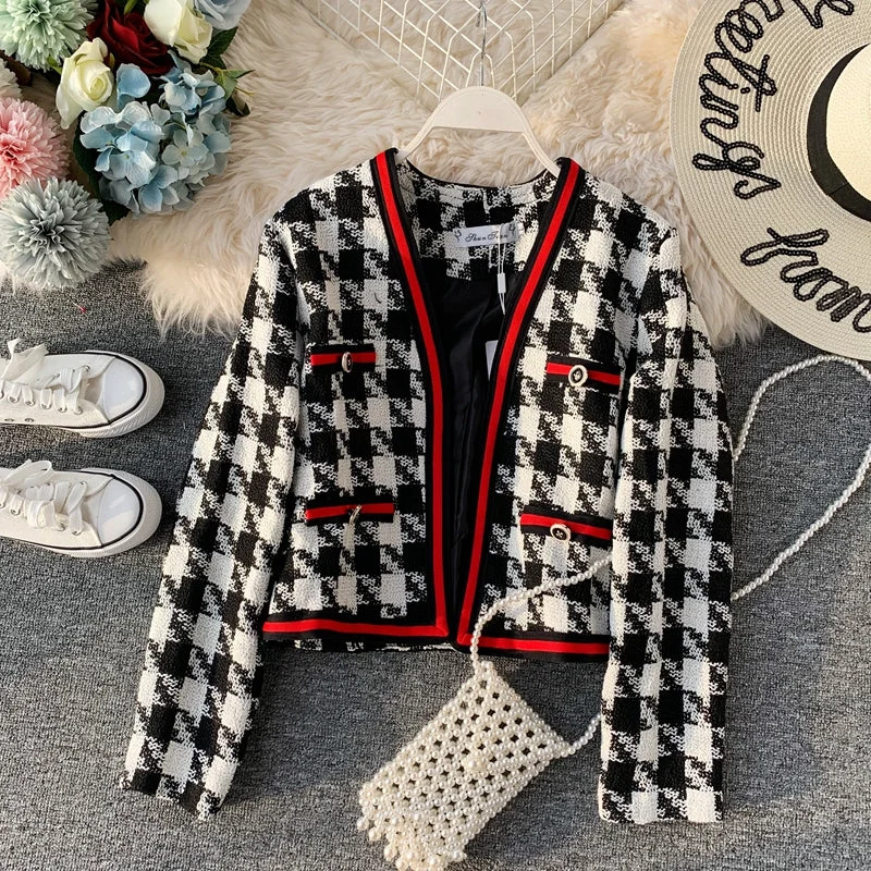 Stock Up Small fragrant clothes contrast color thousand bird lattice short suit coat  1638
