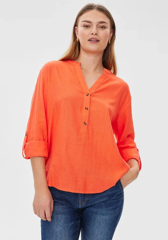 Weekend Specials Just for You Freequent Lava V Neck Linen Shirt, Hot Coral