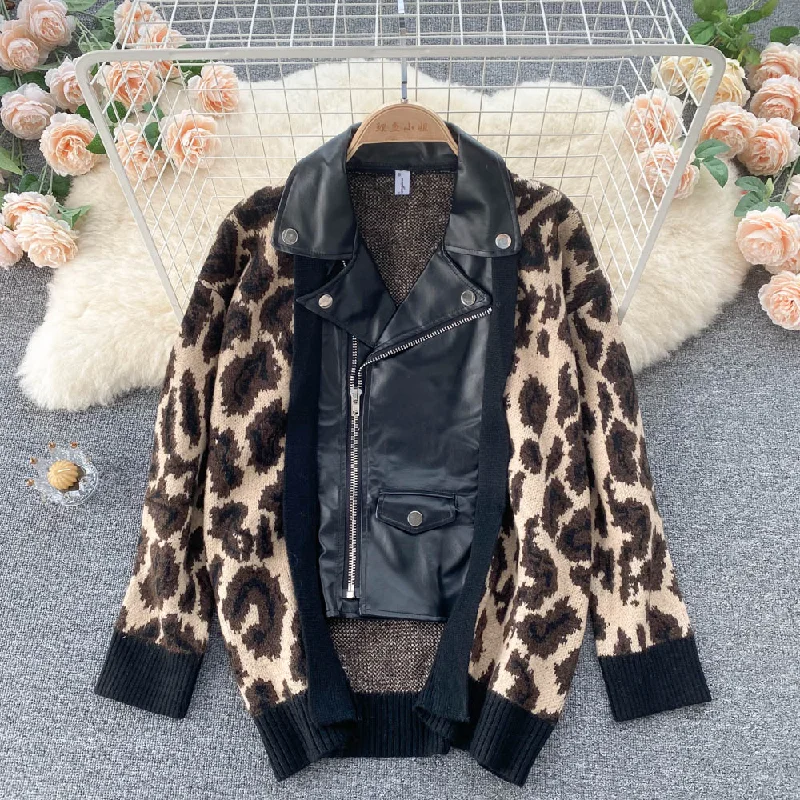 Weekend Savings Sensation Korean leopard sweater stitched short lapel  1570