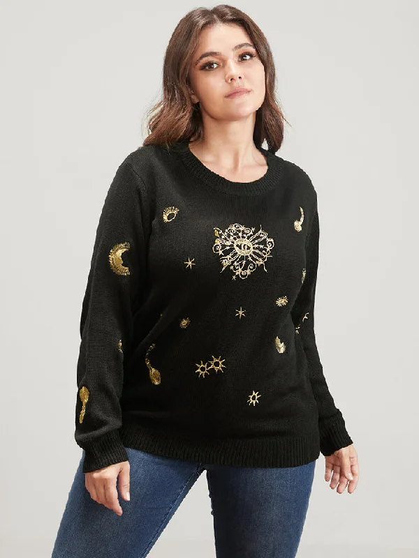 Discount Mania Halloween Moon And Star Pointelle Knit Embroidered Knit Top