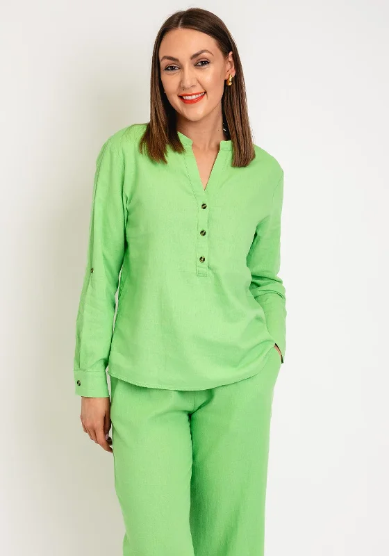 Shop the Weekend Away Freequent Lava V Neck Linen Shirt, Bud Green