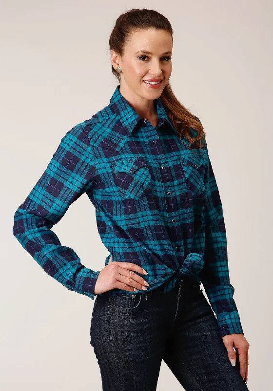 Stock Up and Save Roper Womens Unlined Flannel Blue/Turquoise 100% Cotton L/S Shirt