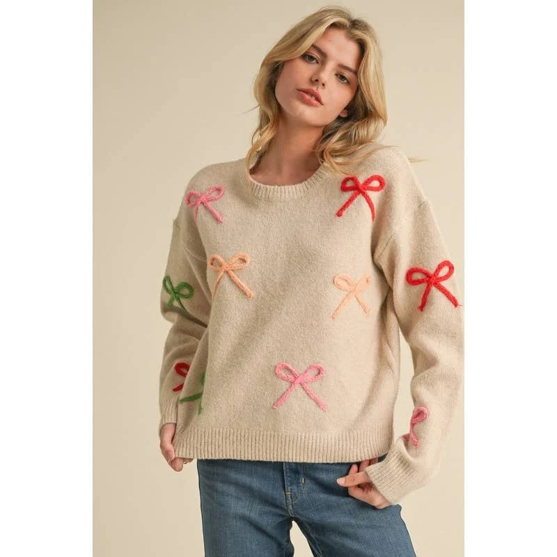 Midnight Madness Bow patch sweater knit top: IVORY