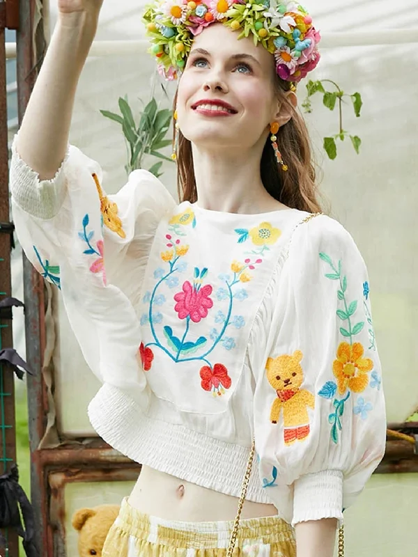 Take Advantage Unlogical Poem Bohemian Illustration Embroidery Silk Linen Cape Sleeve Blouse