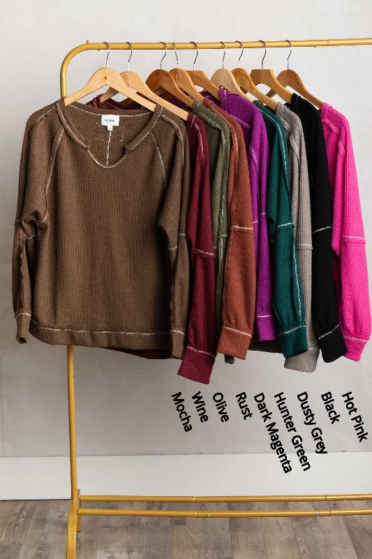 Shop and Save Notched Neck With Exposed Seams Knit Top