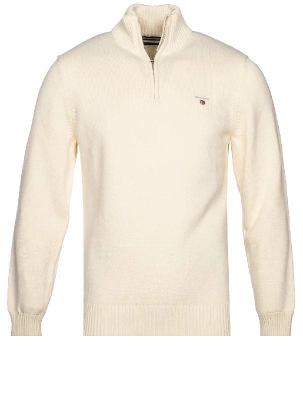 Lässiger Pullover aus Baumwolle mit halbem Reißverschluss Creme