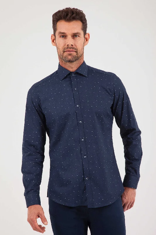 Slim Fit Long Sleeve Printed Cotton Blend Dress Shirt, Navy B1